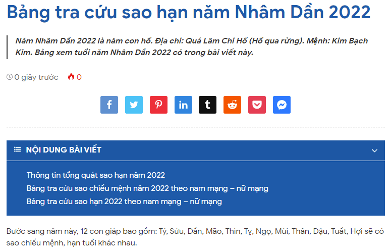 Bảng tra cứu sao hạn năm Nhâm Dần 2022