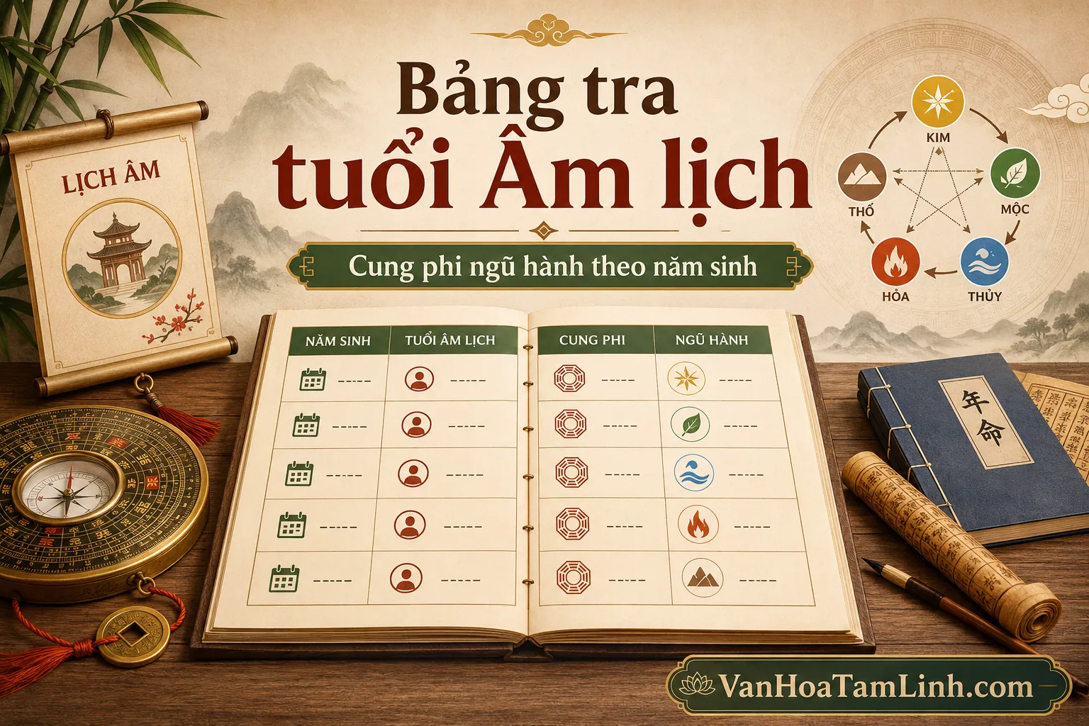 Bảng tra tuổi Âm lịch cung phi ngũ hành theo năm sinh