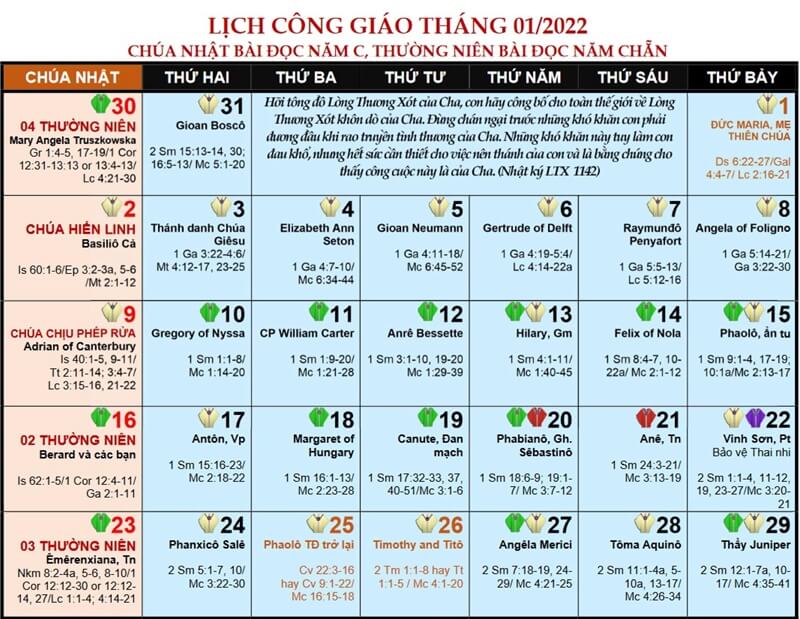 Lịch Phụng Vụ Công Giáo năm 2022