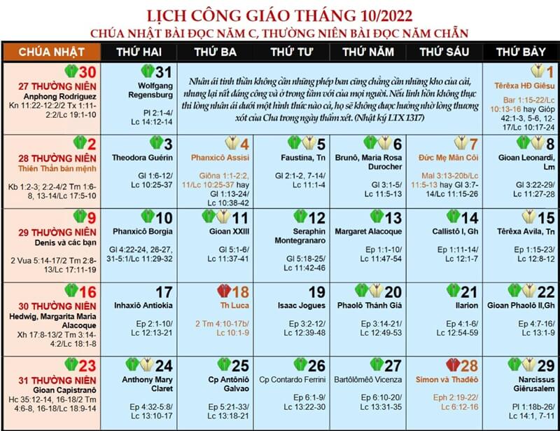 Lịch Phụng Vụ Công Giáo năm 2022