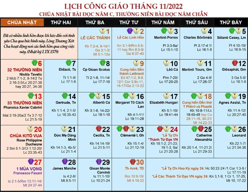 Lịch Phụng Vụ Công Giáo năm 2022