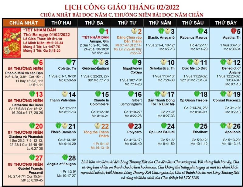 Lịch Phụng Vụ Công Giáo năm 2022