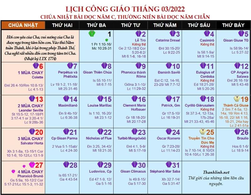 Lịch Phụng Vụ Công Giáo năm 2022