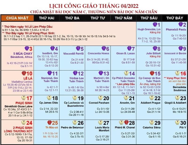 Lịch Phụng Vụ Công Giáo năm 2022