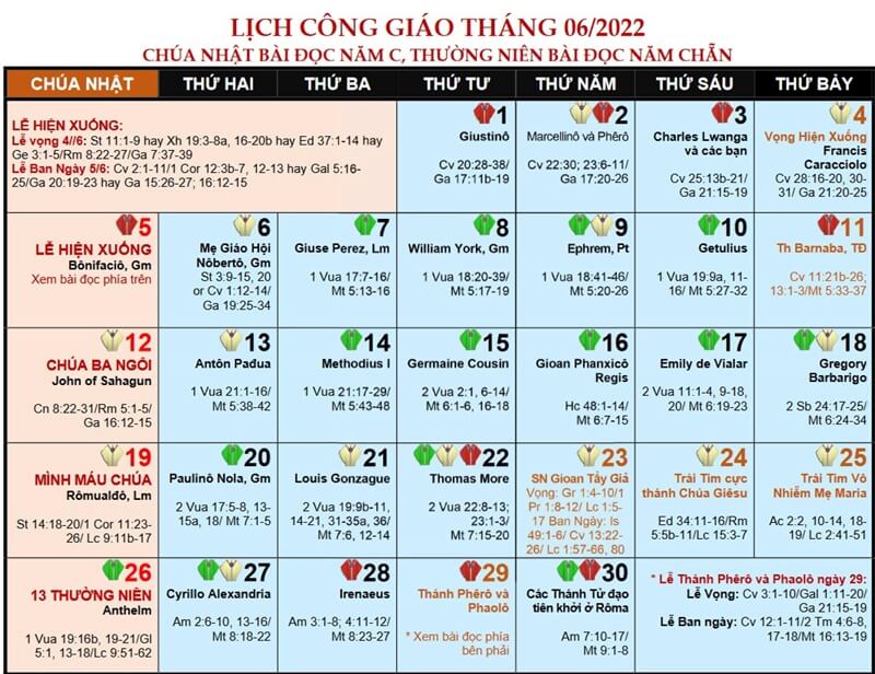 Lịch Phụng Vụ Công Giáo năm 2022