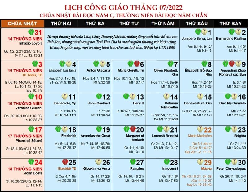 Lịch Phụng Vụ Công Giáo năm 2022