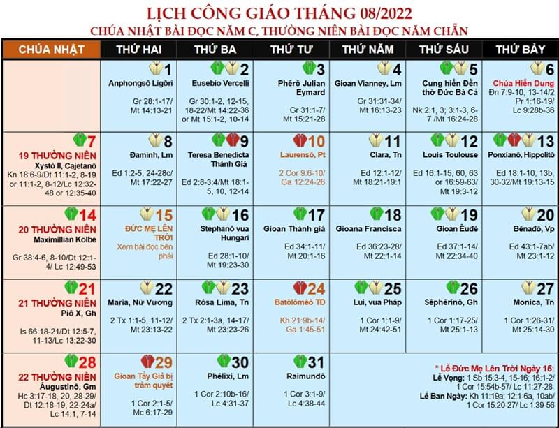 Lịch Phụng Vụ Công Giáo năm 2022