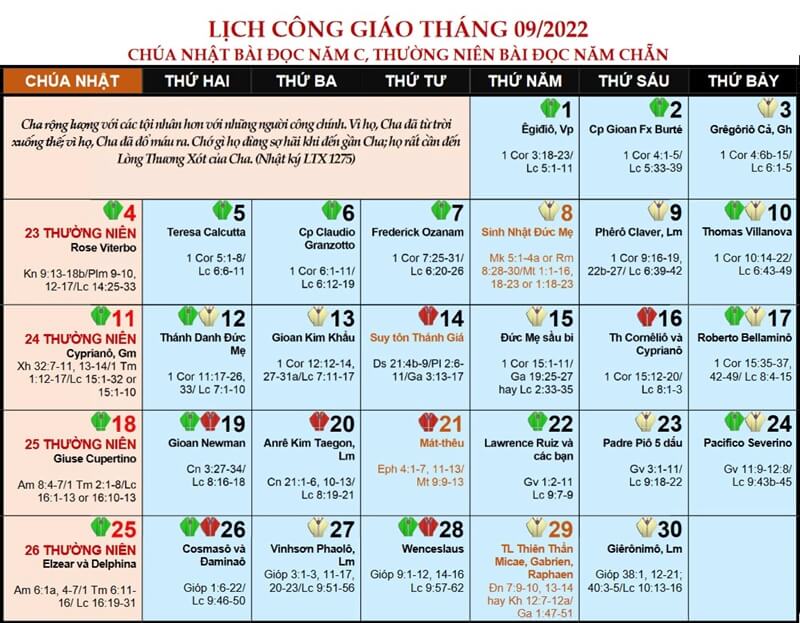 Lịch Phụng Vụ Công Giáo năm 2022